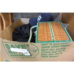 BOX OF SEWING ITEMS AND HATS ETC