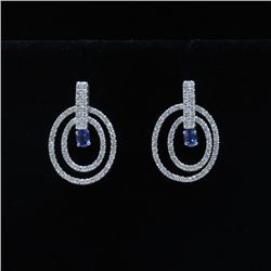 18K White Gold And Sapphire Earring Round Shape Diamond-0.80ct Sapphire- 0.43ct Weight-5.70 Grams