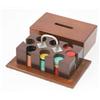 Image 1 : A mahogany cased set of plastic gaming chips, the lift-off cover revealing sets of counters, inco...