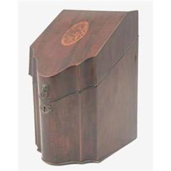 A George III mahogany knife box, with floral inlay and later fitted interior, 8ins....