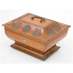 An early 19th century satinwood work box, of sarcophagus shape, the domed cover inlaid with steel...