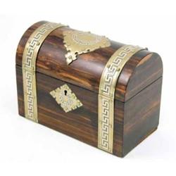 A Victorian coromandel and brass banded stationary box, with domed cover and applied silvered Gre...