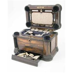 A mid 19th century Coromandel work box with unusual mechanical operation, rectangular with rounde...