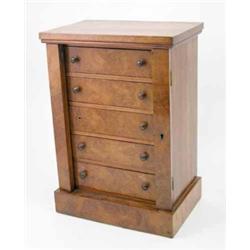 A Victorian miniature walnut Wellington Chest, of five drawers on plinth base with side locking b...