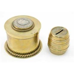 A Victorian brass box, of cylindrical form, the cover applied with a Wedgwood style cameo, rope t...