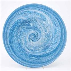 A Gray-Stan glass plate, mottled with a blue swirl design, engraved ...