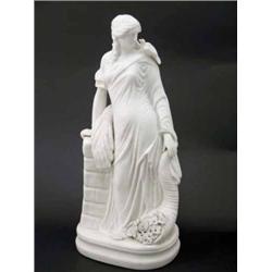 A Victorian biscuit porcelain figure of Ceres, a dove on her shoulder, wreath beside, 13ins...