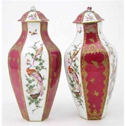 A pair of Samson hexagonal vases, in style of Chelsea, painted with exotic birds and insects and...