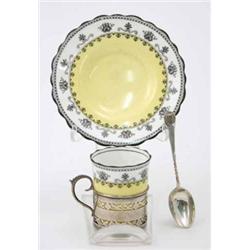 A set of 6 Aynsley bone china coffee cans and saucers, cans in pierced silver mounts, Birmingham...