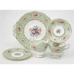A Queen Anne bone china 19-piece tea set, serving for a 6-place setting, printed with Gainsboroug...