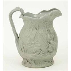 An early Victorian relief-moulded jug, by Jones & Walley, in blue-grey stoneware, 'Gipsey' patter...