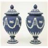 Image 1 : A good pair of Wedgwood style blue jasper vases and covers, baluster shape with applied classical...