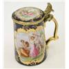 Image 1 : A Carlsbad porcelain tankard, with hinged cover, colour-printed with scenes after A.Kaufmann agai...