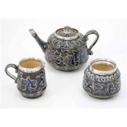 A Doulton Lambeth 3-piece stoneware tea set, dated 1878, each decorated with foliate sgraffito pa...