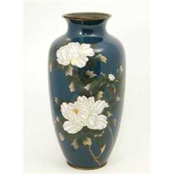 A Japanese cloisonne baluster vase, decorated with white peonies on a blue ground, 18ins...