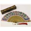 Image 1 : A late 19th century Japanese fan, with papier mache sticks gilded with chinoiseries against a bla...