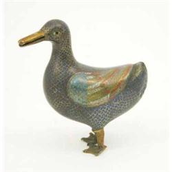 An 18th century Chinese cloisonne duck, standing, with gilt bronze feet and beak, 5 ins....