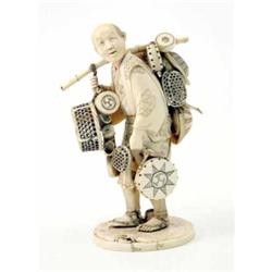 A Japanese Meiji ivory okimono of a peddler, signed with an inlaid red tablet under base, the fig...