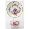 Image 1 : A Meissen cup & saucer decorated with panels of battle scenes in purple camaieu within elaborate...