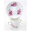 Image 1 : A Meissen two-handled beaker and saucer painted en camaieu rose with lovers in landscape vignette...