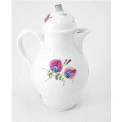 A Marcolini Meissen coffee pot and cover of slender ovoid shape, painted with isolated coloured f...