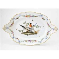 A Meissen (Marcolini) shaped oval two-handled tureen stand painted with a jay, a bullfinch and a...