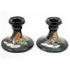 Image 1 : A pair of Moorcroft dwarf candlesticks, circa.1991, decorated with the Robin design against a blu...