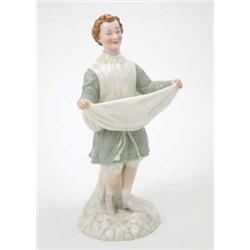 A Victorian Royal Worcester figure, girl wearing green dress and white knickerbockers, holding ap...