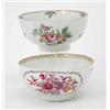 Image 1 : Two mid-18th century Worcester bowls, one painted in puce with two floral cartouches, the other w...