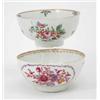 Image 1 : Two mid-18th century Worcester bowls, one painted in puce with two floral cartouches, the other w...