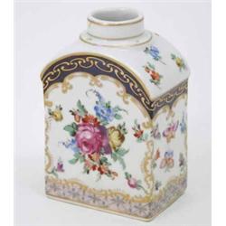 An 18th century Derby tea canister, brightly painted with flower sprays and butterflies against g...