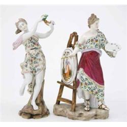 Two Volkstedt, Rudolstadt classical figures, both females, one an artist holding brush, palette a...