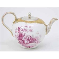 An Meissen bullet-shaped teapot, finely painted with pairs of lovers beside shrubs in puce enamel...