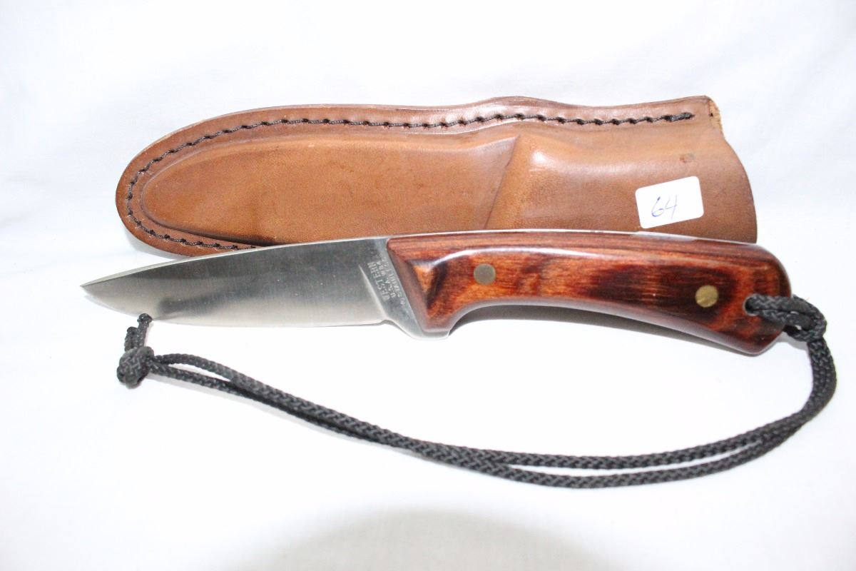 Hunting Knife by Western USA W84 Beautiful Wood Handle Leather Sheath