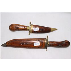 2 Vintage Knives Wood Carved Handls and Sheath