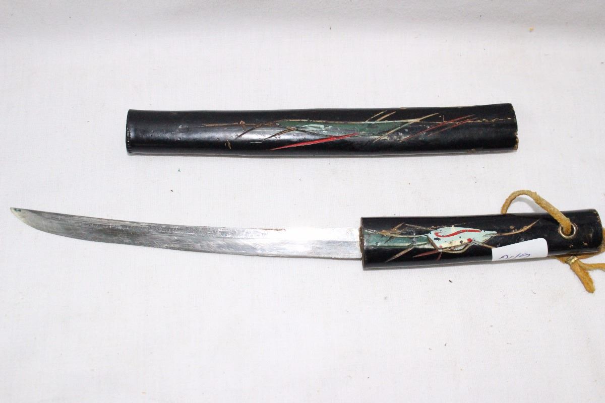 Vintage Japanese Knife KORIUM Etched Wood Handle and Sheath