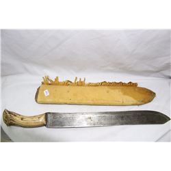 Large Homemade Knife with Leather Sheath and Antler