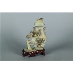 Chinese Old White Jade Carved Crane & Tree Vase