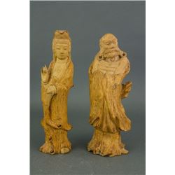 Pair Wood Carved Guanyin and Lohan