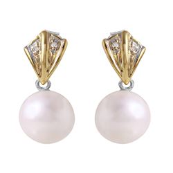 14KT Two Tone Gold Pearl & Diamond Earrings -# 1557