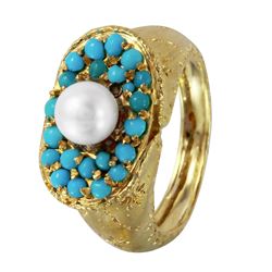 18KT Yellow Gold Turquoise & Pearl Ring -# 1142