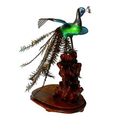 Vintage Chinese Silver Hand Carved Enamel Peacock -# 1658