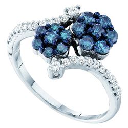 0.75CTW White and Blue Diamond Flower 10KT Ring White Gold
