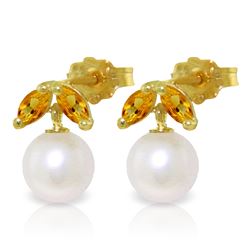 4.4 ctw Pearl & Citrine Earrings Jewelry 14KT Yellow Gold