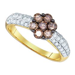 0.85CTW White and Champagne Diamond Flower 10KT Ring Yellow Gold