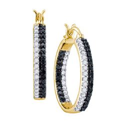 1.0CTW White and Black Diamond Hoops 10KT Earrings Yellow Gold