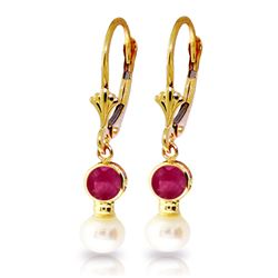 5.2 ctw Ruby & Pearl Earrings Jewelry 14KT Yellow Gold