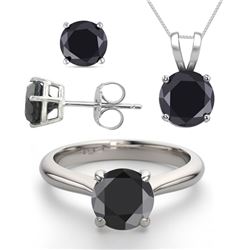 14K White Gold Jewelry SET 3.20CTW Black Diamond Ring, Earrings, Necklace