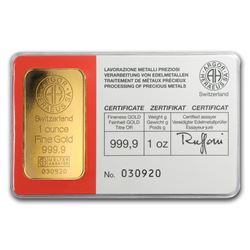 One pc. 1 oz .9999 Fine Gold Bar - Vintage Argor-Heraeus In Assay