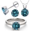 14K White Gold Jewelry SET 6.0CTW Blue Diamond Ring, Earrings, Necklace